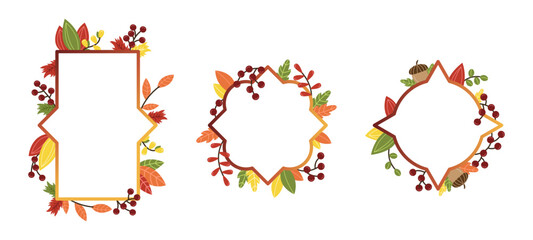 Autumn frame in circle shape on white isolated background. Leaves, berries and acorns.