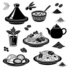 Artistic black and white illustration of Moroccan cuisine and ingredients
