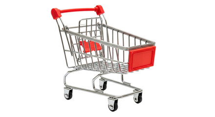 Isolated miniature shopping cart for a fun project; metal frame and a red plastic trim