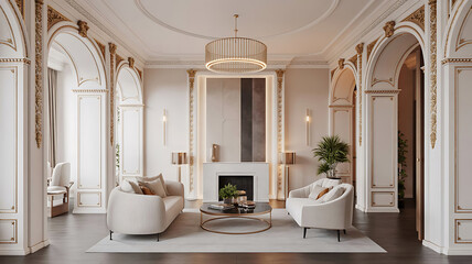 Luxurious Living Room with White and Gold Accents Plush Furniture and Elegant Architectural Details