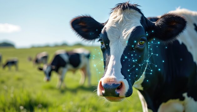 Holstein cow in green field with digital network graphic overlay on face. Farm animal data analysis, smart agriculture tech. Livestock health monitoring. Future farming. - Powered by Adobe