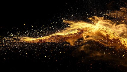 Golden Glitter Explosion on Black Background with Dynamic Particle Stream in High Resolution