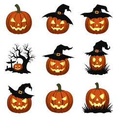 Spooky Halloween pumpkins with carved faces and witch hats, set against a white background.