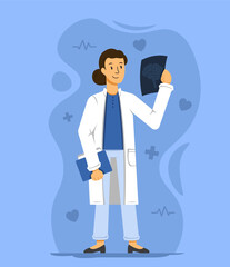 Medical worker - doctors, physicians, paramedics, nurses, standing with a brain scan and a folder. Vector illustration in flat cartoon style.