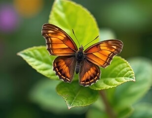 Obraz premium Close up view of a Gatekeeper butterfly resting on vibrant green leaves. The insect displays orange and brown wings. Nature macro photo featuring butterfly on a bright background.