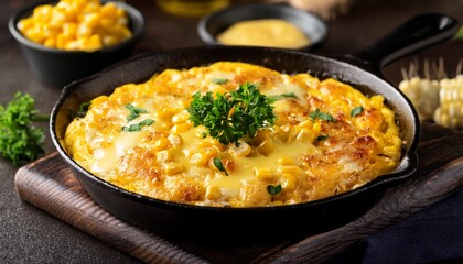 korean corn cheese sizzling cast iron plate golden melted cheese sweet corn parsley garnish appetizing