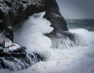 massive snow deluge surging over rocky cliffs