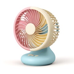 Colorful rainbow blade portable mini desk fan with blue base isolated on white background