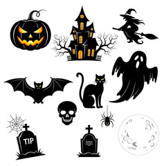Spooky Halloween icons collection featuring a haunted house, witch, ghost, bat, and pumpkin.