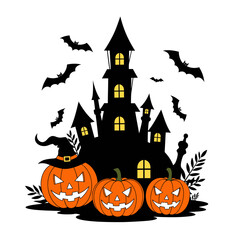 Spooky Halloween castle with carved pumpkins and flying bats, perfect for festive decorations.