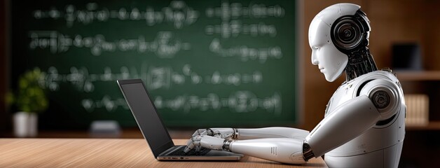 Robot typing on a laptop in a modern classroom setting with a chalkboard filled with mathematical equations and symbols