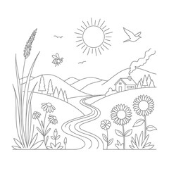 Peaceful countryside scene with winding road, blooming flowers, and a cozy cottage under a bright sun.