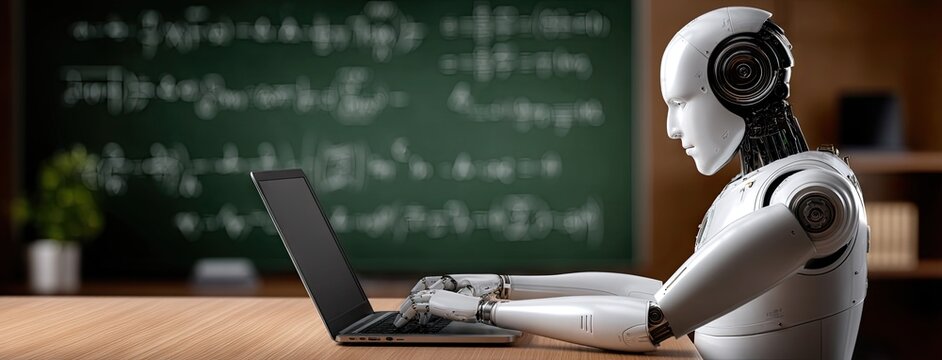 Robot typing on a laptop in a modern classroom setting with a chalkboard filled with mathematical equations and symbols - Powered by Adobe