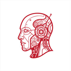 Futuristic red vector illustration of a robotic head in profile, revealing complex internal gears and circuits, a concept for artificial intelligence and cybernetics