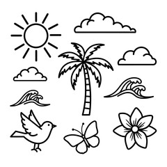 Obraz premium Whimsical outline icons of tropical elements and nature for summer design