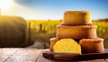 bolo de milho tradicional brasileiro em mesa rustica