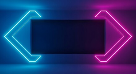 Abstract neon frame with arrows pointing to the center, creating a modern and futuristic design, perfect for technology or gaming themes