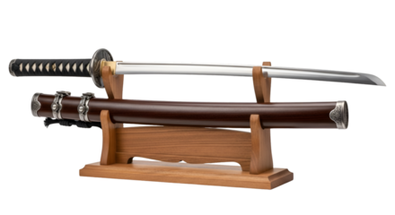Japanese Katana Sword and Scabbard on Wooden Stand