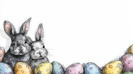 Editable Easter Bunnies Spring Illustration Template on White Background