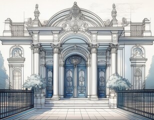 an architectural sketch of a grand entrance with ornate ironwork doors and classical columns showcases the buildings facade and decorative details in a blueprint style