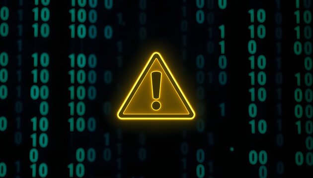 A digital warning sign with an exclamation mark inside a yellow triangle, set against a background of binary code.