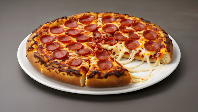 Delicious pepperoni pizza on a white plate ready to be eaten mouthwatering italian food - Powered by Adobe