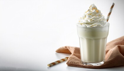vanilla milkshake with whipped cream and paper straw on white background