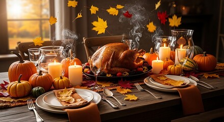 Festive Thanksgiving Table with Roasted Turkey, Pumpkins, Candles, and Falling Leaves
