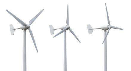 Three White Wind Turbines with Blades on Black Background