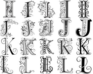 Decorative variants of writing capital letters "I", "J", "K" and "L" in an ornamental style are examples of calligraphic art.
