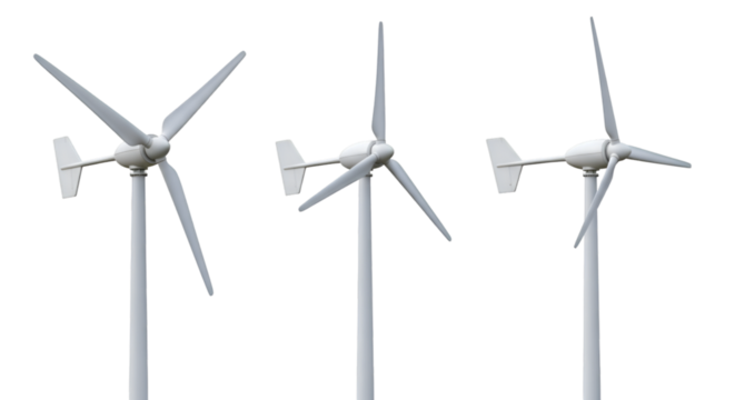 Three White Wind Turbines with Blades on Black Background