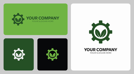 Modern green energy company logo design with gear and leaves, perfect for innovative technology or sustainable solutions, a vibrant and professional look