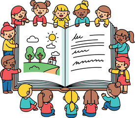 Diverse Group of Happy Children Reading a Large Storybook.