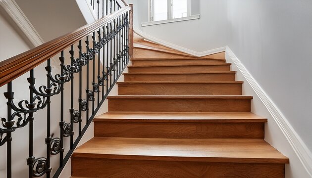 a staircase going up with natural wood steps and handrails white risers and wrought iron spindles