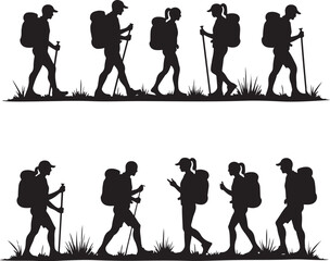 Silhouettes of hikers with backpacks and trekking poles walking on grass