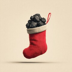 Bright red stocking filled with coal hanging in a minimalist festive setting during the holiday season
