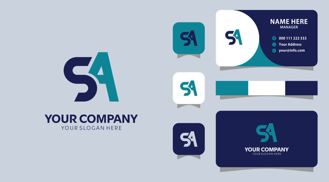 Modern business card and logo design showcases a creative SA lettermark in stylish teal and navy, ideal for branding and corporate identity projects