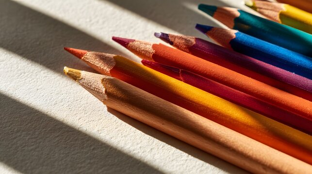 Colorful sharpened pencils are arranged in a diagonal line, displaying a spectrum of vibrant hues under natural sunlight, casting textured shadows across a white surface, showcasing the tools of...