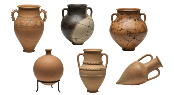 Isolated Still life of ancient jugs and vases in studio, pottery and earthenware clay vessels