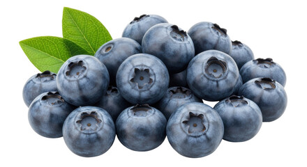 Isolated heap of healthy raw blueberries with green leaves, nutrient-rich food, closeup
