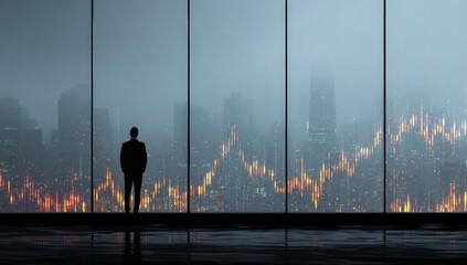 A silhouette of a man observes a cityscape through a panoramic window, with glowing data overlay