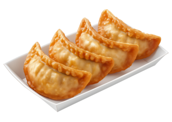 Golden fried dumplings perfectly presented in crisp white tray, offering satisfying and delicious casual fast food experience for any craving
