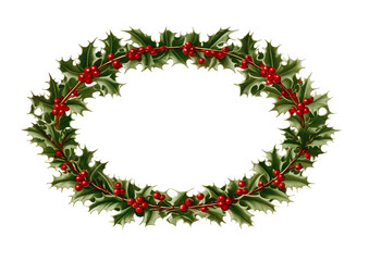 Joyful oval holly wreath frames dark space, adorned with vibrant red berries and glossy green leaves. Ideal for festive celebrations and holiday decorations, exuding traditional charm