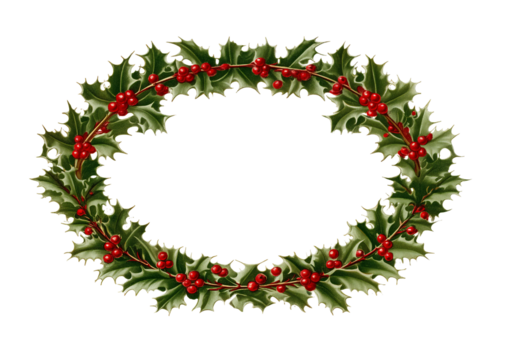 Joyful oval holly wreath frames dark space, adorned with vibrant red berries and glossy green leaves. Ideal for festive celebrations and holiday decorations, exuding traditional charm