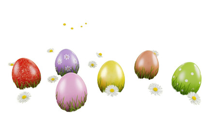 Isolated Easter eggs with grass accents, decorated pastel color holiday eggs for celebration