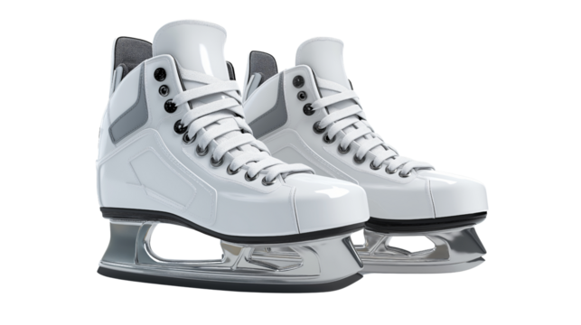 Pair of pristine white ice hockey skates with sharp steel blades for exciting winter sports. Ready for thrilling competition and fun on frozen rink, evoking sense of athletic joy