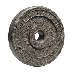 Naklejka premium Dark, circular stone disc with carved symbols
