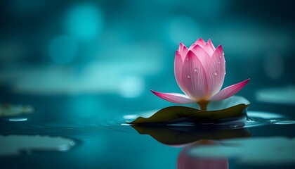 A delicate pink lotus flower with water droplets rests serenely on a lily pad in tranquil blue water.