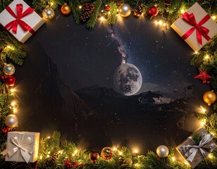 Magical Christmas Border with Fairy Lights, Gifts, and a Celestial Night Sky

