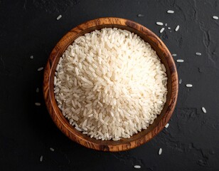 Uncooked White Long Grain Rice in Wooden Bowl on Dark Textured Background

